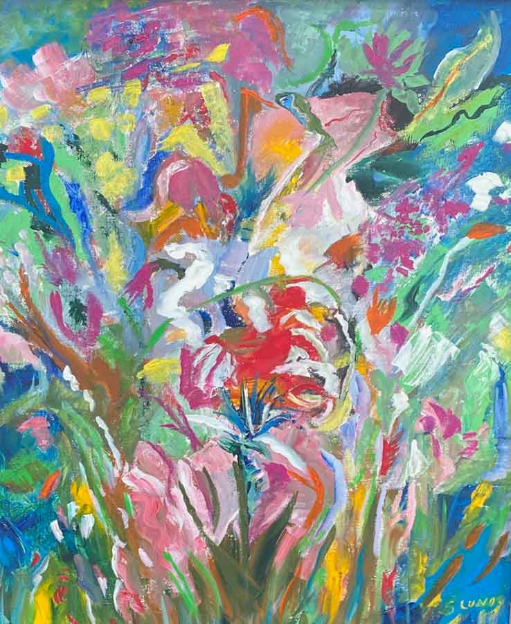 Sheila Clark Lundy, "Garden Party, acrylic, Portsmouth Arts Guild