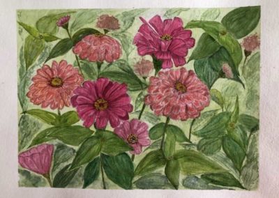 Penny Carrier, "Pink Zinnias", watercolor, Portsmouth Arts Guild