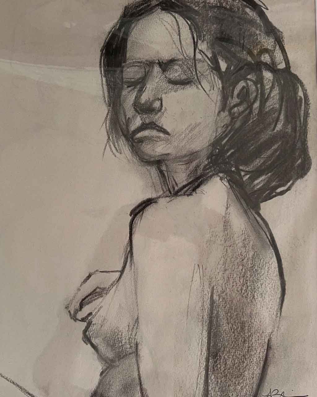 Faces, Lisa Bliss, "Glancing Figure", charcoal, $400, Portsmouth Arts Guild