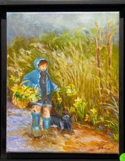 Pat Milton, "Girl and Dog Picking Daffodils", oil, $100, Portsmouth Arts Guild