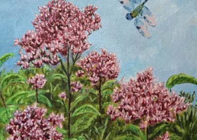 Paula DeSano Santos, "Four Joe Pye Weed & Dragonfly", Oil, $200