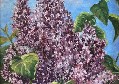 Paula DeSano Santos, "Lilacs and Leaves Dancing in the Wind", Oil, $190