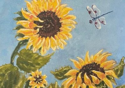 Paula DeSano Santos, "Three Sunflowers & Dragonfly", Oil, $200