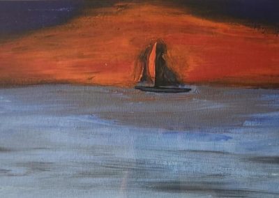 Portsmouth Arts Guild, Members Show 2024, James Wolstenholme, "Sailboat at Sunset", Acrylic, $200