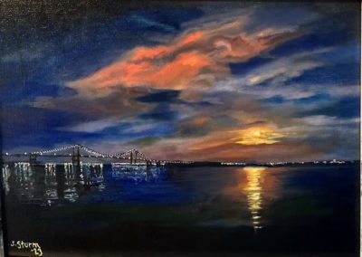 Portsmouth Arts Guild, Members Show 2024, Joseph Sturm, "Newport Bridge in Moonlight", Oil, $100