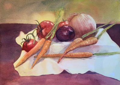 Portsmouth Arts Guild, Members Show 2024, Kathy Parker, "Vegie Repose", Watercolor, $200