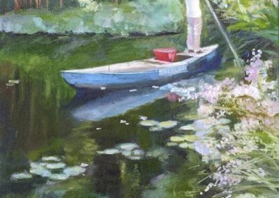 Portsmouth Arts Guild, Members Show 2024, Patti Milton, "Boatman on Lily Pond", Oil, $200