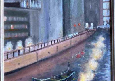 Susan Clemons, "Waterfire", oil, $160, Portsmouth Arts Guild