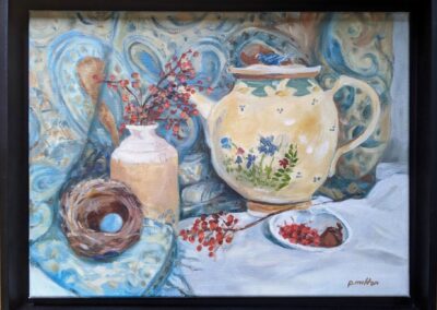 Patti Milton, Still Life Nature's Treasures With Teapot, Oil, $250