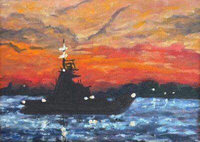 Sold Paula Desano Santos, Tug Silhouette, Bristol RI", Oil, $50